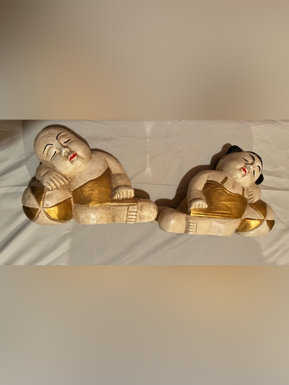 Vintage Hand-carved Gold-Accented Thai Melon Babies Boy & Girl Figurines - Pair